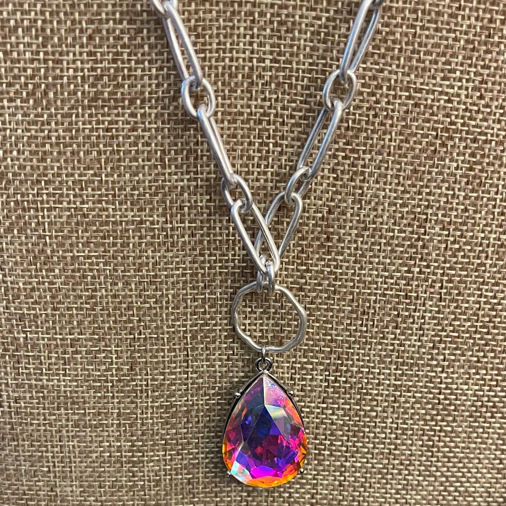 Pink Panache Elegant Silver Necklace With Iridescent Teardrop Pendant 22$